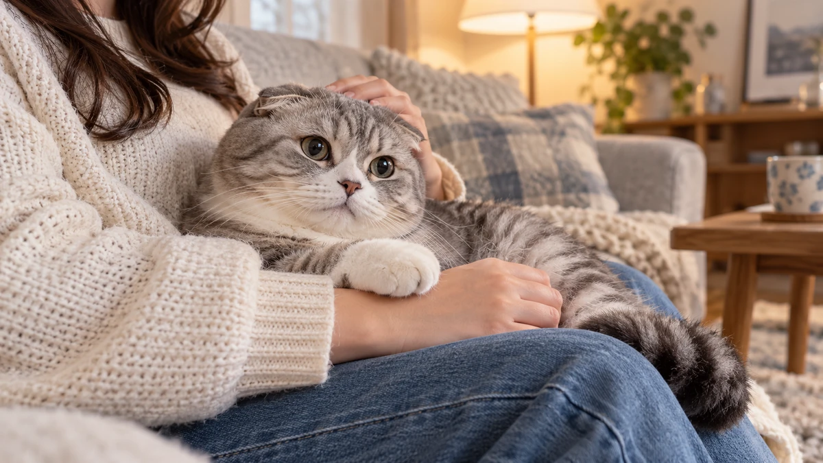 Scottish Fold kedi — sahibinin kucağında