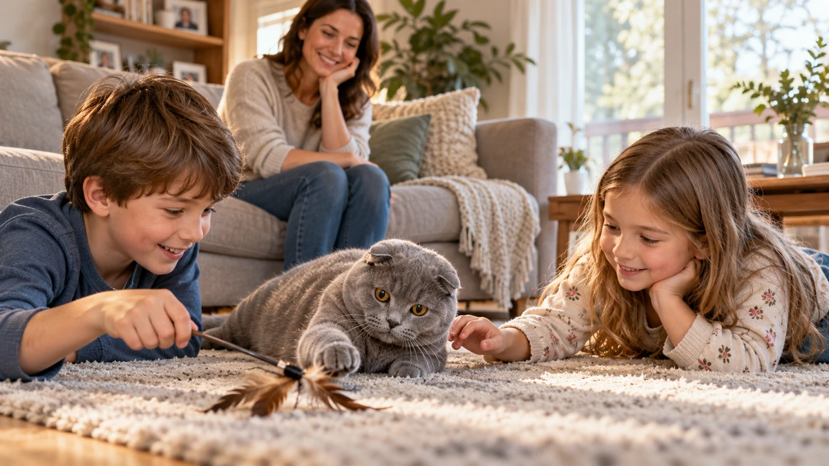 Scottish Fold kedi — çocuklarla oyun