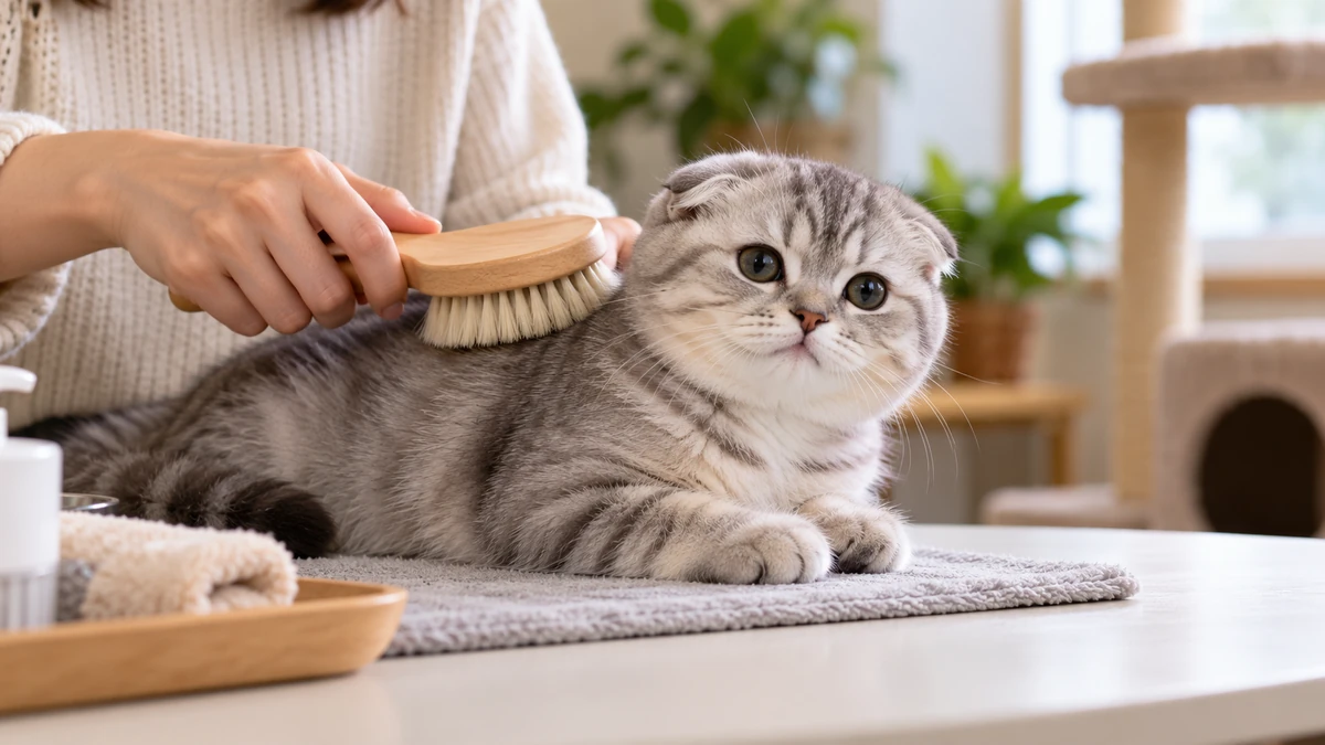 Scottish Fold yavru kedi — tüy bakımı ve fırçalama