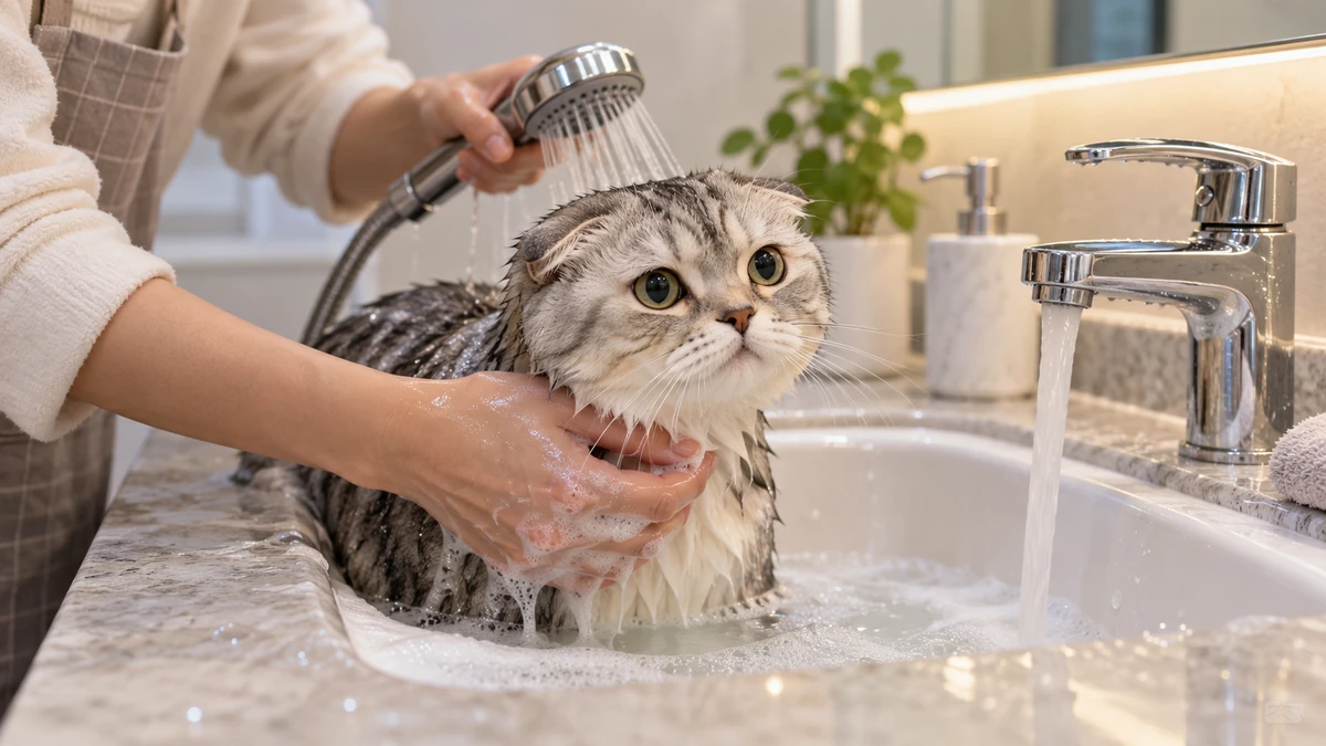 Scottish Fold kedi — banyo ve temizlik