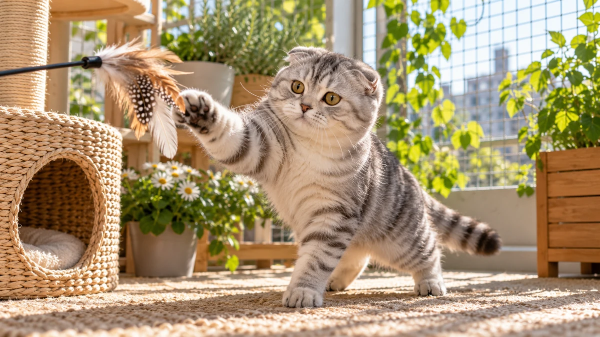 Scottish Fold kedi — oyun ve egzersiz anı